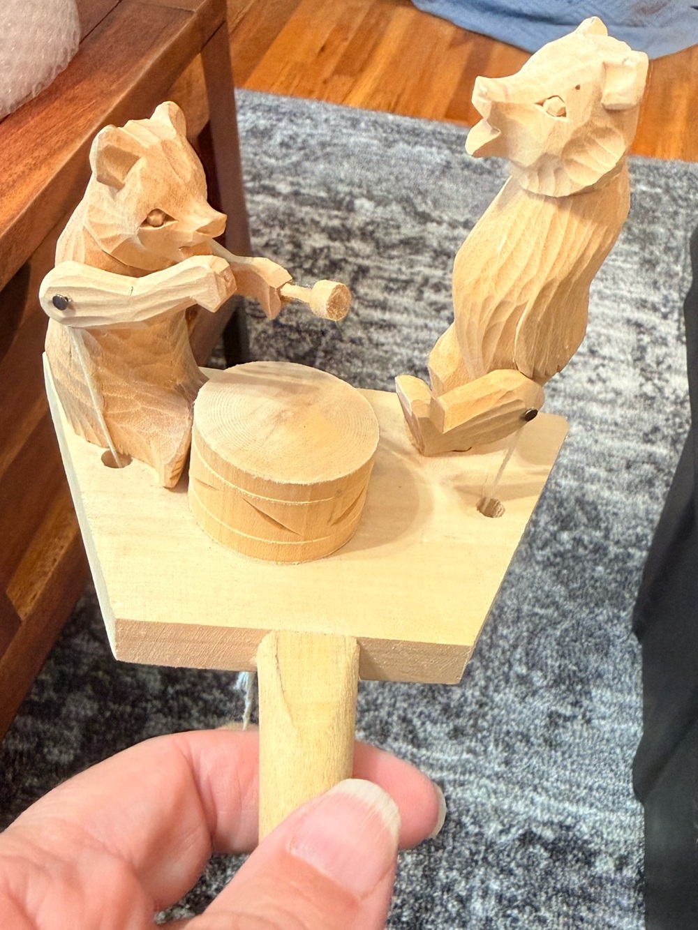 Hand-Carved Wooden Bear Animal Drum Toy - Natural Wood Russian??